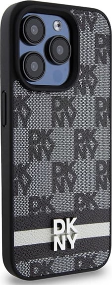 Mbështjellës DKNY Leather Checkered Mono Pattern & Printed Stripes për iPhone 15 Pro Max, e zezë