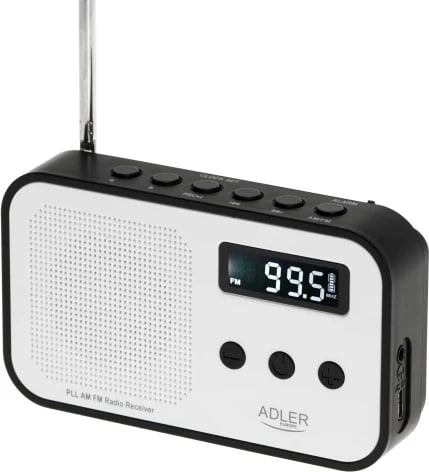 radio digjital PLL AM/FM, Adler, AD 1907, LCD, memorie 40 stacione, bateri 600 mAh, USB-C, e bardhë/zezë