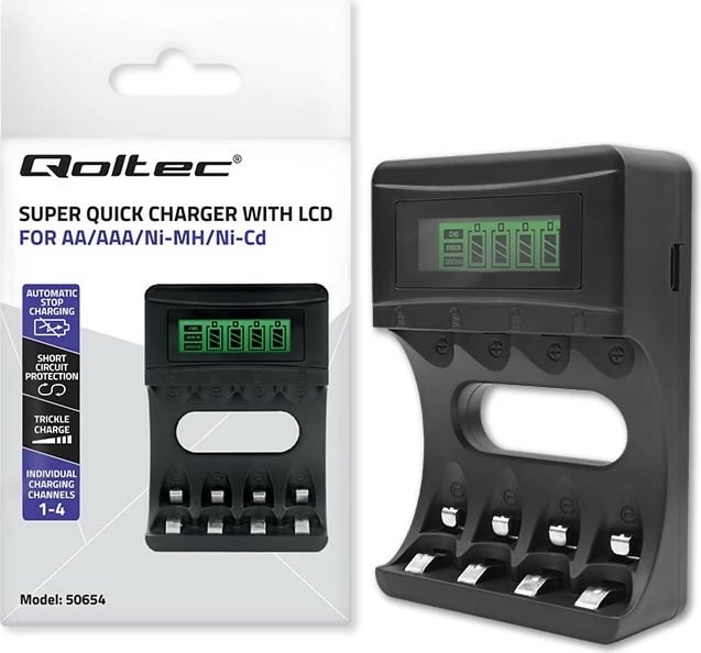 Karikues baterish Qoltec 50654, Ni-MH/Ni-Cd, 4 vende, me ekran LCD, i zi