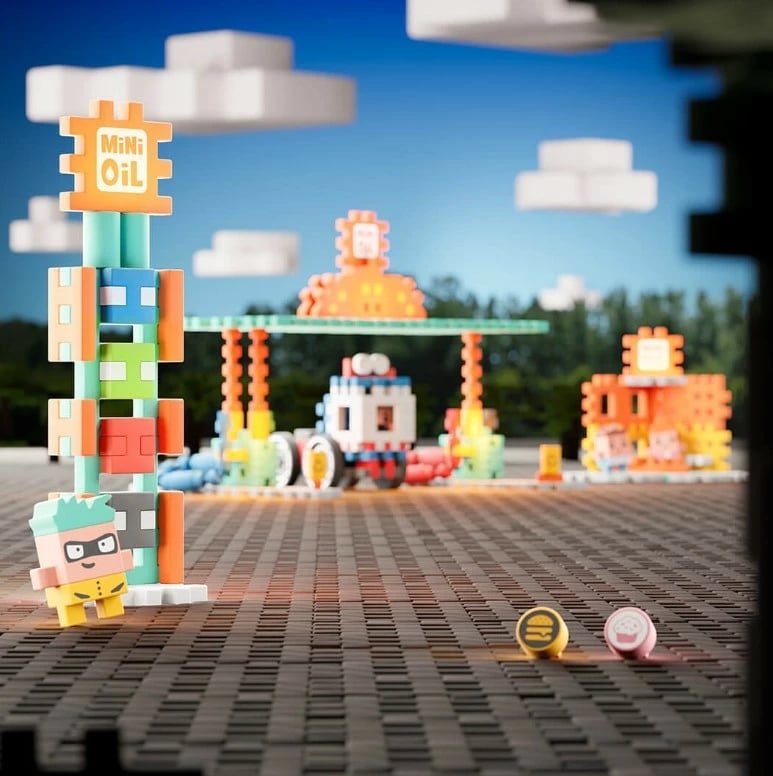 Set lodrash ndërtimi Marioinex Mini Waffle City Gas Station, 148 pjesë, plastikë