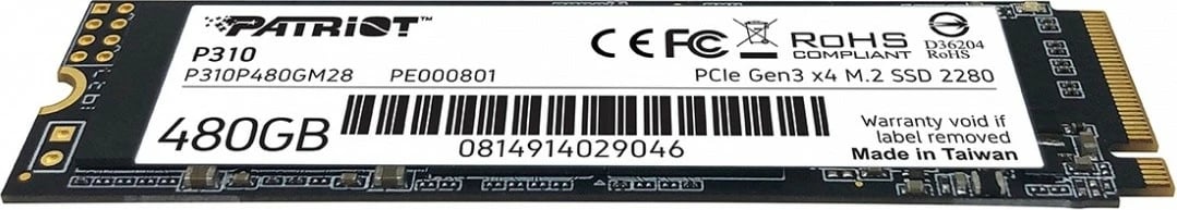 SSD Patriot P310, 480GB, M.2 2280, PCIe Gen3 x4, NVMe
