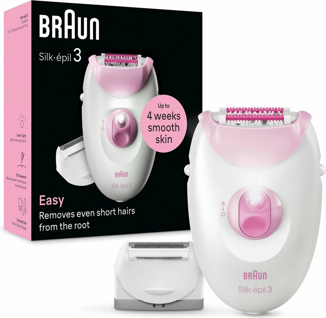 Epilator Braun Silk-épil 3-031 224963, me kokë rroje/trimmer, standard, rozë