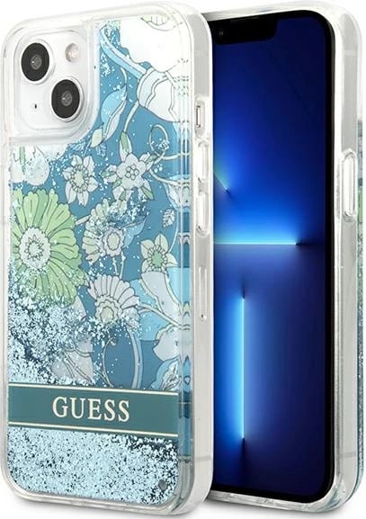 Mbështjellës Guess Flower Liquid Glitter për iPhone 13 6.1", i fortë, Gjelbër
