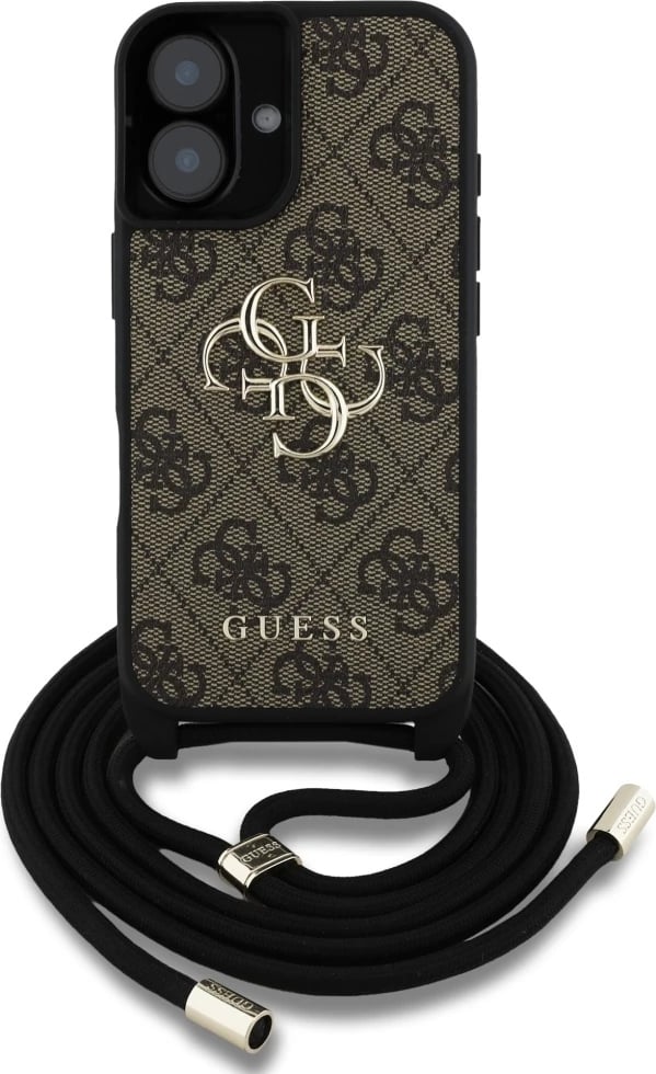 Mbështjellës Guess 4G Big Logo Cord Stap Crossbody për iPhone 16 Plus, Kafe