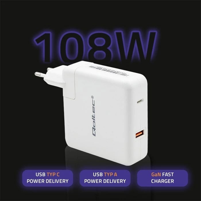 Karikues Qoltec GaN FAST 108W, USB C, Bardhë