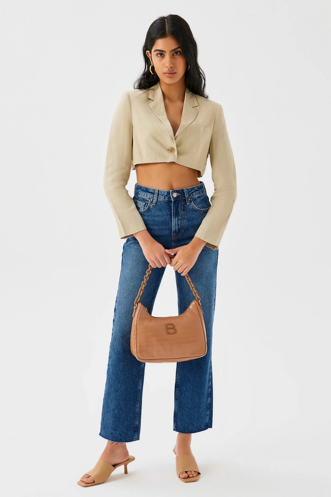 Çantë shpatulle Lucky Bees, ngjyrë tan, model Croco, 27x10x20cm