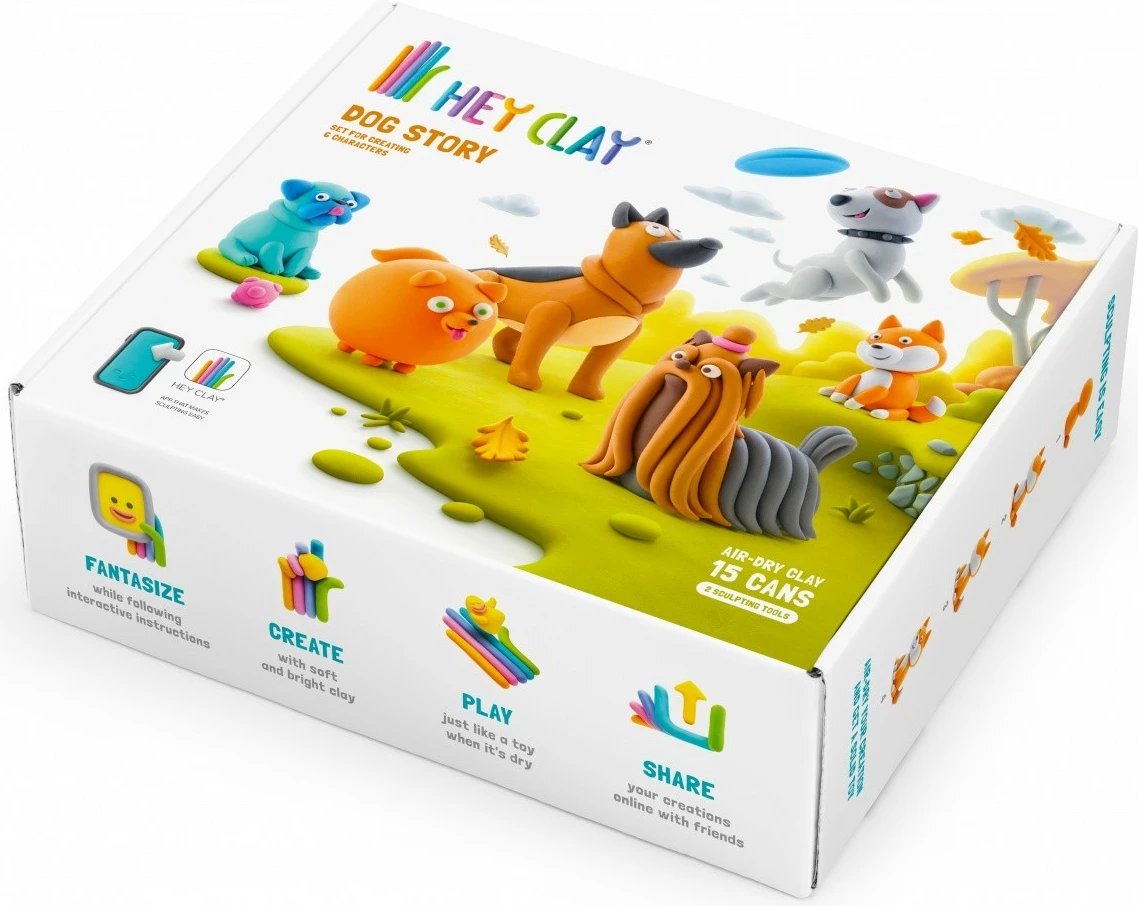 Set plastelinë, Tm Toys Hey Clay Dog Story HCL15024CEE, 15 kana, 11 ngjyra, me mjete dhe kod aplikacioni