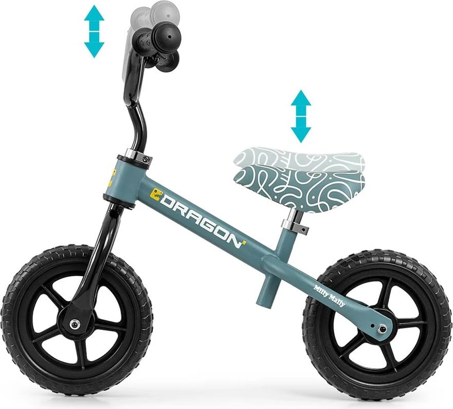 Biçikletë ekuilibri për fëmijë, Milly Mally Dragon, rrota 10", kornizë çelik e lehtë, lartësi selde dhe timoni e rregullueshme, zile, blu