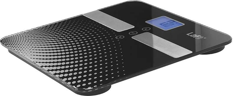 Peshore banjoje elektronike, Lafe WLS003.0, analizë trupi (yndyrë/ujë/kockë/muskuj/kalori), kapacitet 150 kg, saktësi 100 g, memorje 10 përdorues, ekran LCD me ndriçim blu, njësi kg/lb/st, 30x30 cm, e zezë