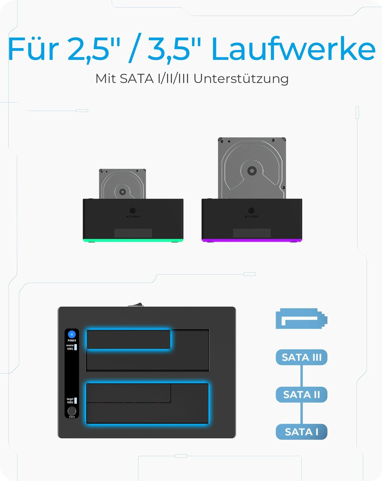 Stacion klonimi ICY BOX IB-127CL-U3, HDD, Serial ATA, 18 TB, USB 3.2, E zezë