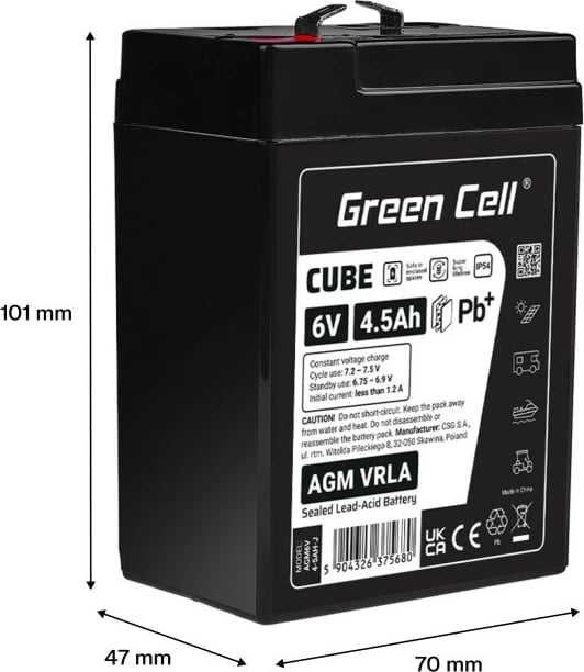 Bateri AGM VRLA, Green Cell, AGM6V4-5AH-J, 6V 4.5Ah IP54, e zezë