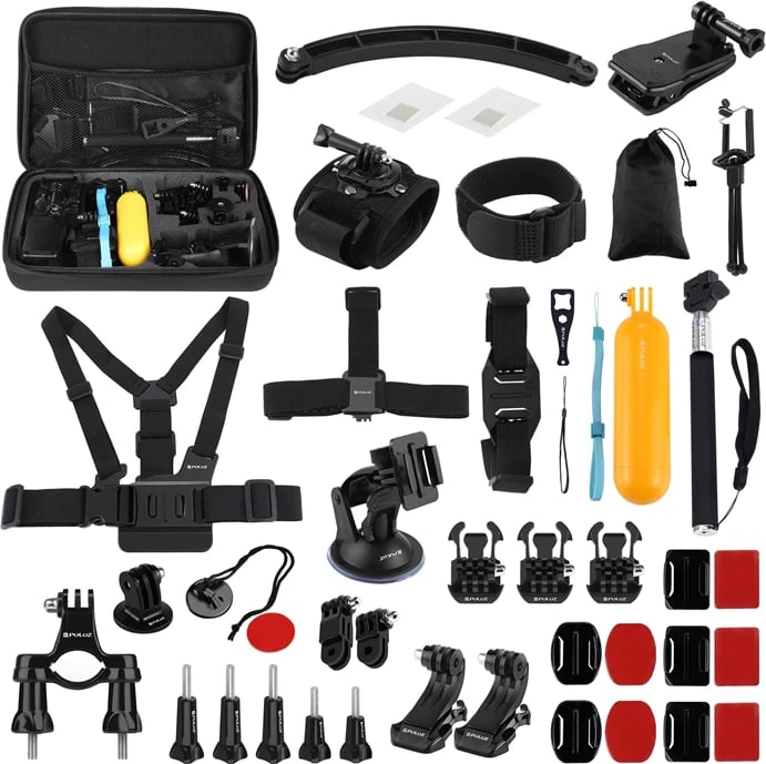 Set aksesorësh për kamera sportive Puluz PKT39 50-në-1, për GoPro/DJI, me kuti bartëse