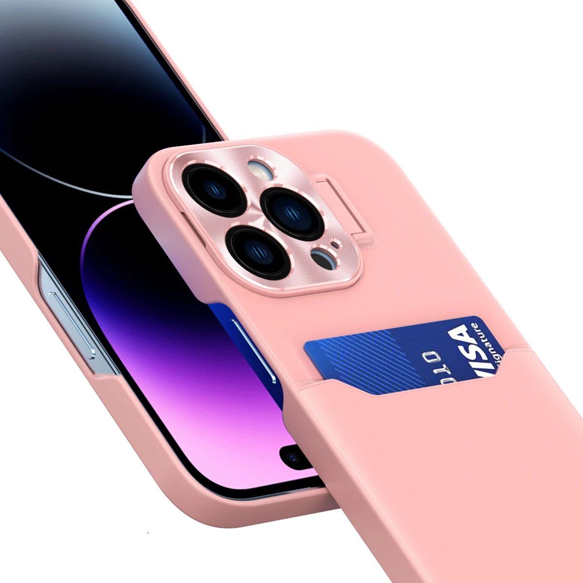 Mbështjellës Hurtel Leather Stand Case për iPhone 14 Plus, me xhep për kartela, rozë