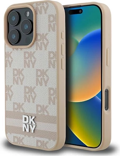 Mbështjellës DKNY Checkered Pattern & Printed Stripes për iPhone 16 Pro, Rozë