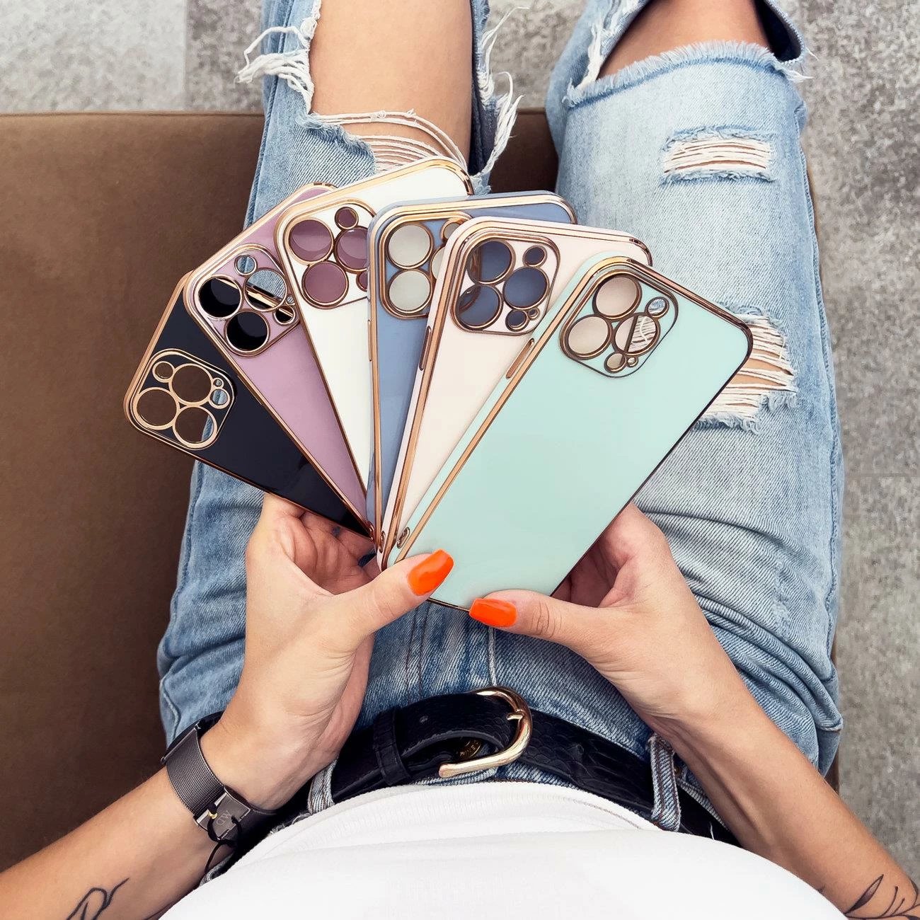 Mbështjellës Hurtel Fashion Case për iPhone 12 Pro Max, xhel, kornizë e artë, mint