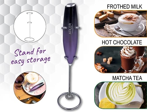 Shkumëzues qumështi, Adler AD 4499, me mbajtëse, tel inoksi, me bateri, vjollcë-e zezë