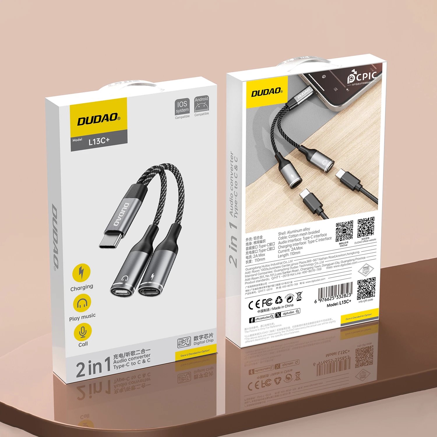 Adapter USB-C Dudao L13C+ 2-në-1, 1.2m, Gri