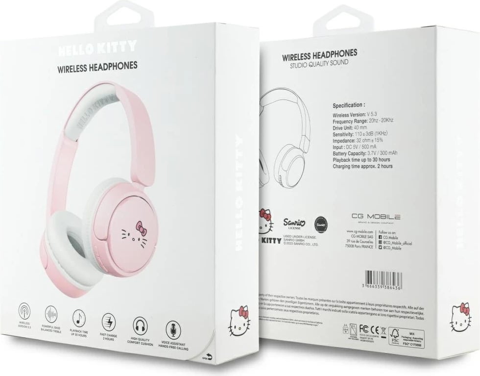 Kufje Bluetooth Hello Kitty Face Logo, on-ear, 30 orë, USB-C, Rozë