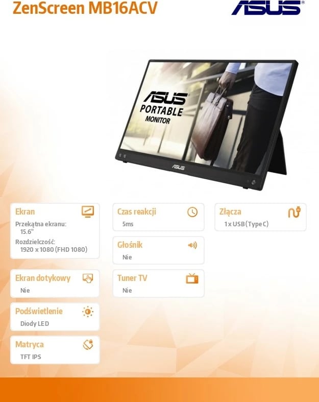 Monitor portativ Asus ZenScreen MB16ACV, 15.6", FHD, USB-C, i zi