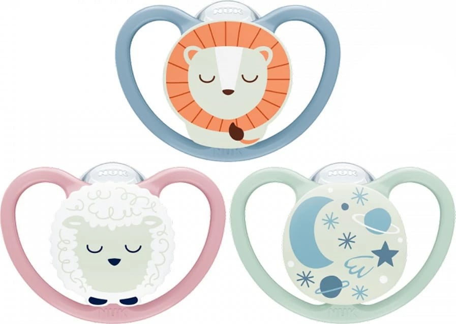 Cicë qetësuese, NUK, Happy Nights, 6-18 muaj, shkëlqen në errësirë, 2 copë, rozë