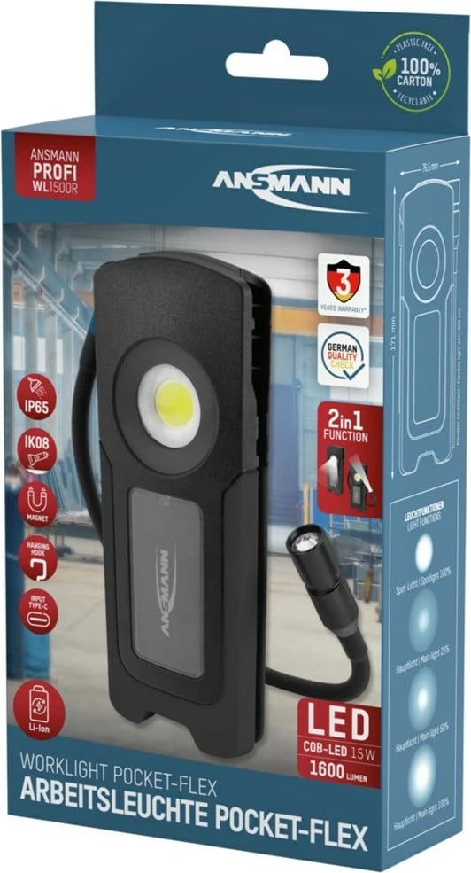 Dritë pune ANSMANN WL1500R Pocket Flex, 4400 mAh, LED, Gri