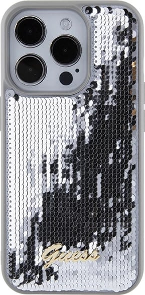 Mbështjellës Guess Sequin Script Metal për iPhone 15 Pro, argjendtë