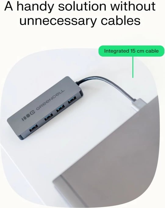 Hub USB-A, Green Cell HUB-GC-A4A, 4x USB 3.0 deri 5 Gb/s, kabëll i integruar 15 cm, kasë alumini, argjend/zi