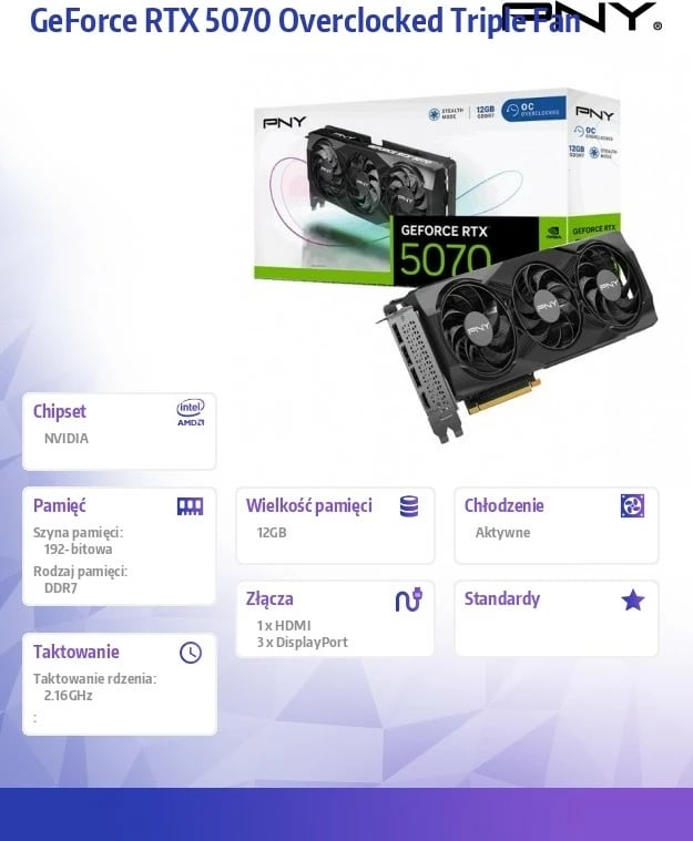 Kartë grafike PNY GeForce RTX 5070 OC 12GB DDR7, 192-bit, 3F, PCI-E 5.0, e zezë