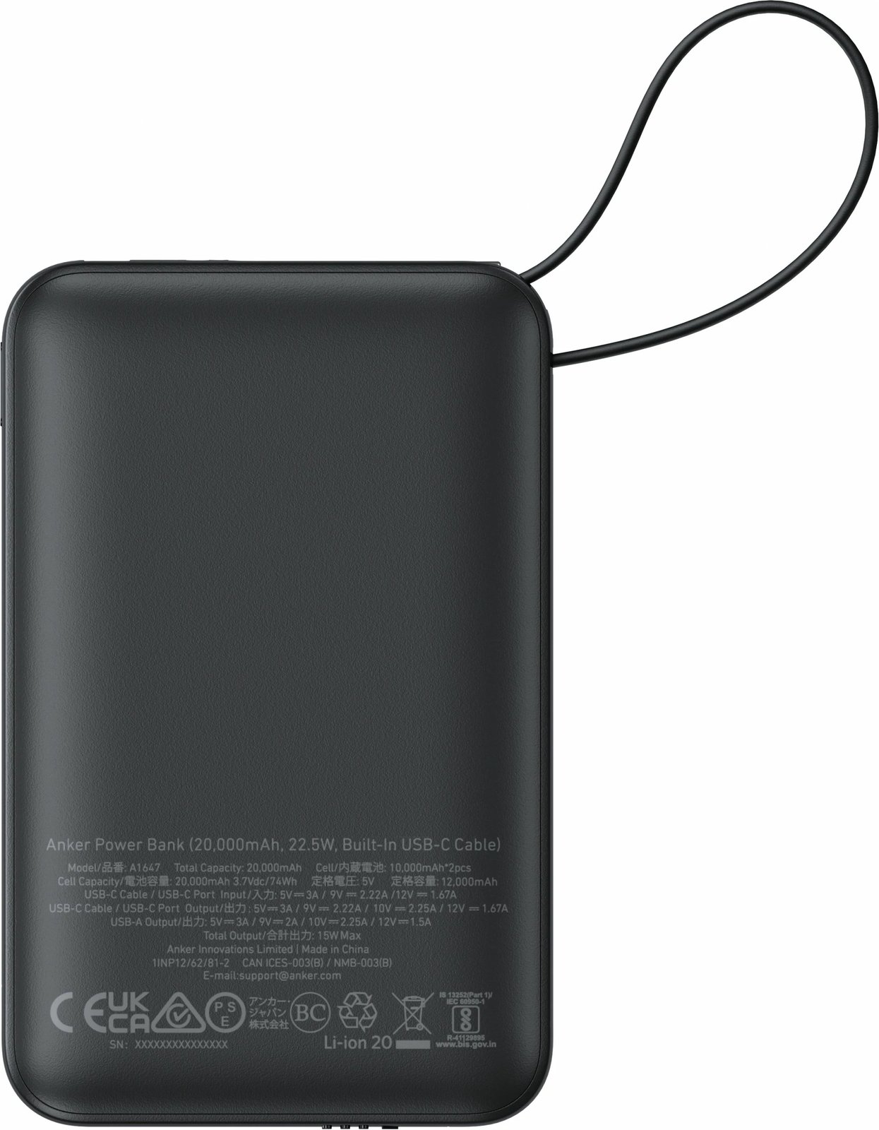 Power bank Anker 335, 20000 mAh, 15 W, Ngjyrë e zezë