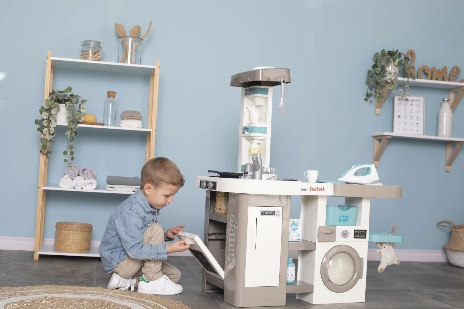 Kuzhinë lodër Smoby miniTefal Studio me makinë larëse, 36 aksesorë, Bezhe/Turkuaz/Bardhë
