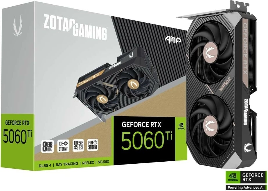 Kartë grafike, ZOTAC, GeForce RTX 5060 Ti AMP (ZT-B50610F-10M), 8GB GDDR7, 128-bit, 3x DisplayPort/HDMI, PCIe 5.0 x8