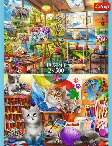 Puzzle Trefl 2x500 elemente Art of Painting Cats, set Puzzle Trefl 2x500 elemente Art of Painting Cats, set