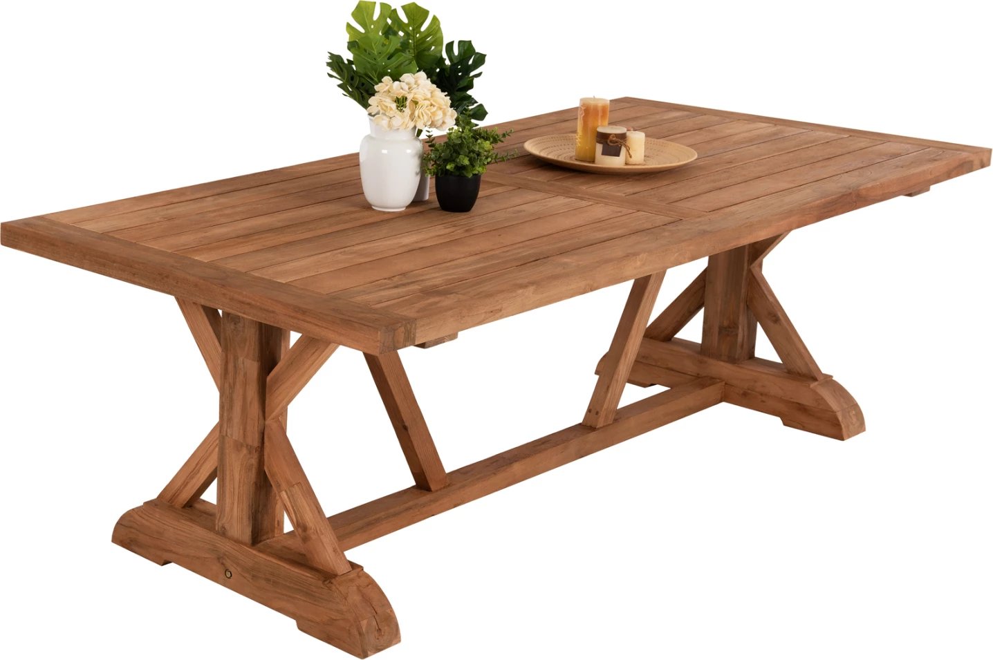 Tavolinë ngrënieje për jashtë, këmbë kryq, FH5964, dru TEAK i ricikluar, ngjyrë natyrale, 240x100x75H cm