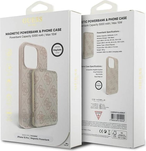 Mbështjellës Guess 4G Metal Logo me powerbank MagSafe 5000mAh për iPhone 15 Pro, Rozë, Set