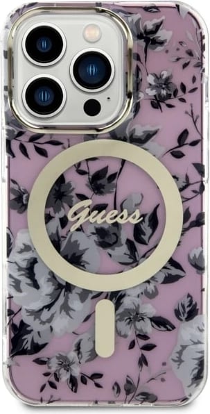 Mbështjellës Guess GUHMP14XHCFWSP për iPhone 14 Pro Max 6.7", Flower MagSafe, rozë
