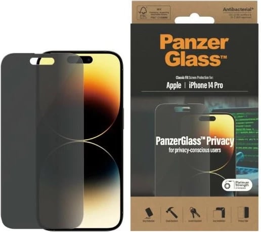 Mbështjellës xhami PanzerGlass Classic Fit Privacy për iPhone 14 Pro, antibakterial