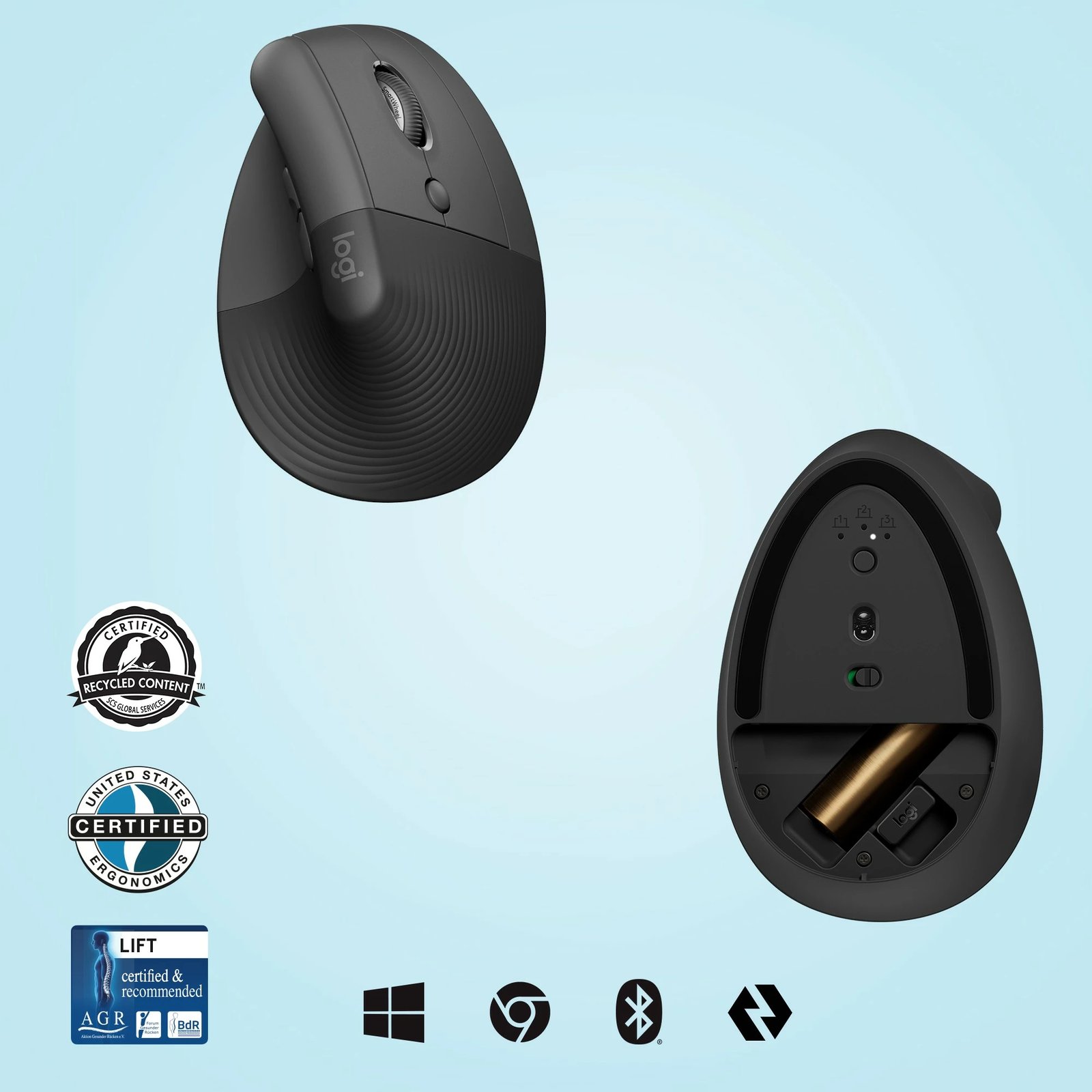 Maus vertikal ergonomik Logitech Lift, RF Wireless + Bluetooth, 4000 DPI, Grafit