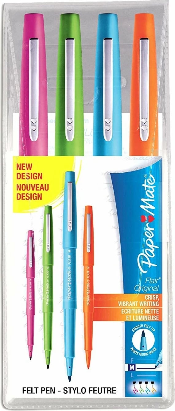 Set stilolapsa PaperMate Flair Original 4 ngjyra, majë 1mm, kaltër, gjelbër, portokalli, rozë