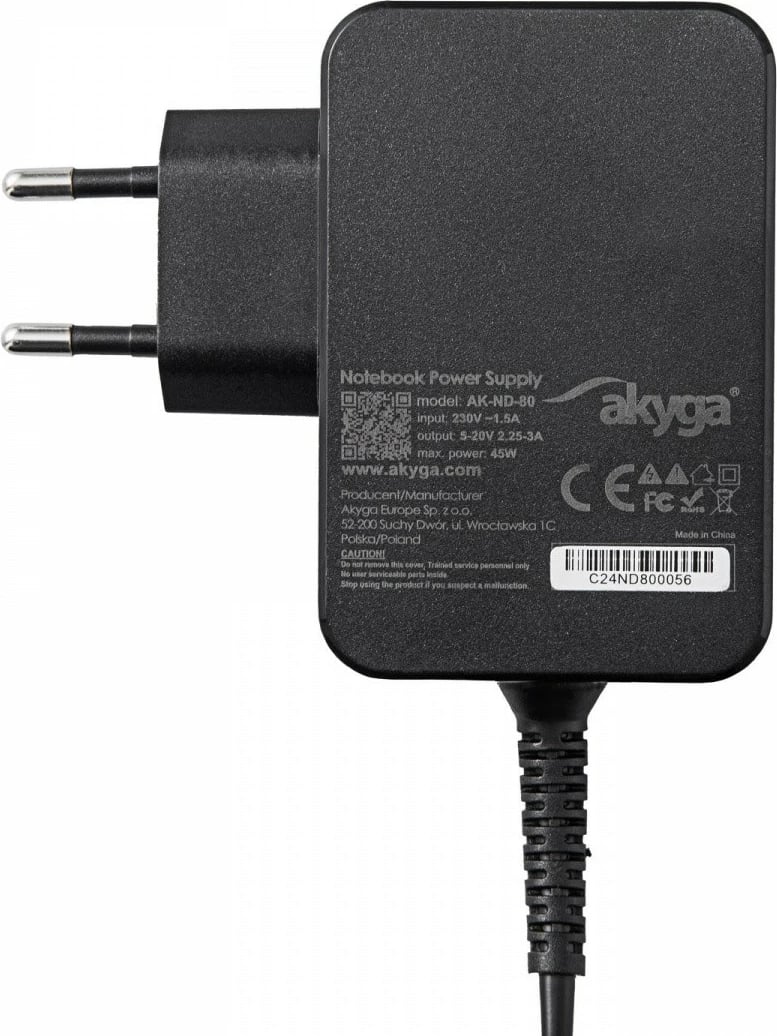Karikues rrjeti AKYGA AK-ND-80, USB-C, 45W, PD 3.0, i zi