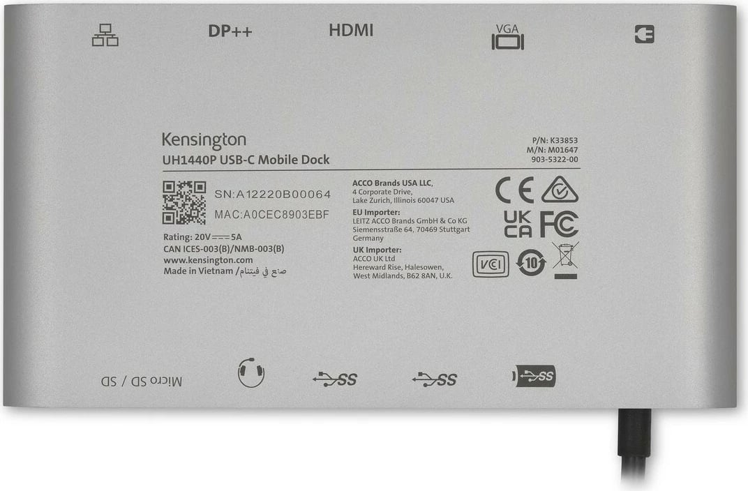 Dock USB-C Kensington UH1440P, 5Gbps, 85W, DP/HDMI/VGA, Argjendtë