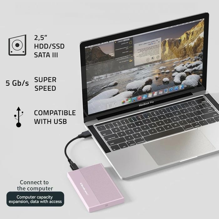 Kasë Qoltec 2.5" për SSD/HDD, USB 3.0, 2TB, Rozë