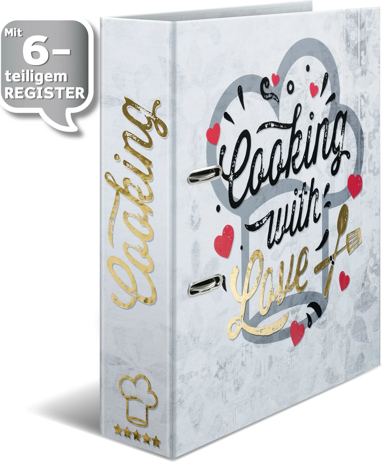 Dosje organizuese HERMA Cooking with Love, A4, D-ring, karton, 7 cm, e bardhë/e kuqe/e artë