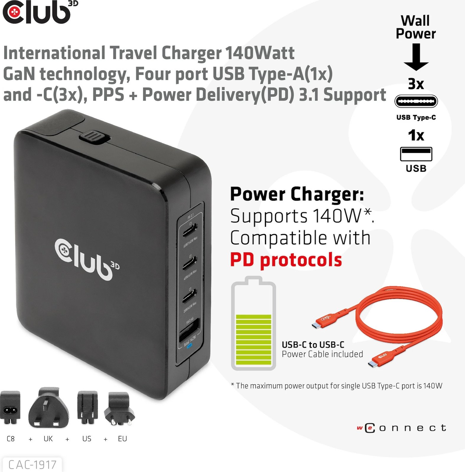 Karikues universal Club3D CAC-1917, 3x USB-C, 1x USB-A, 140W, GaN, i zi