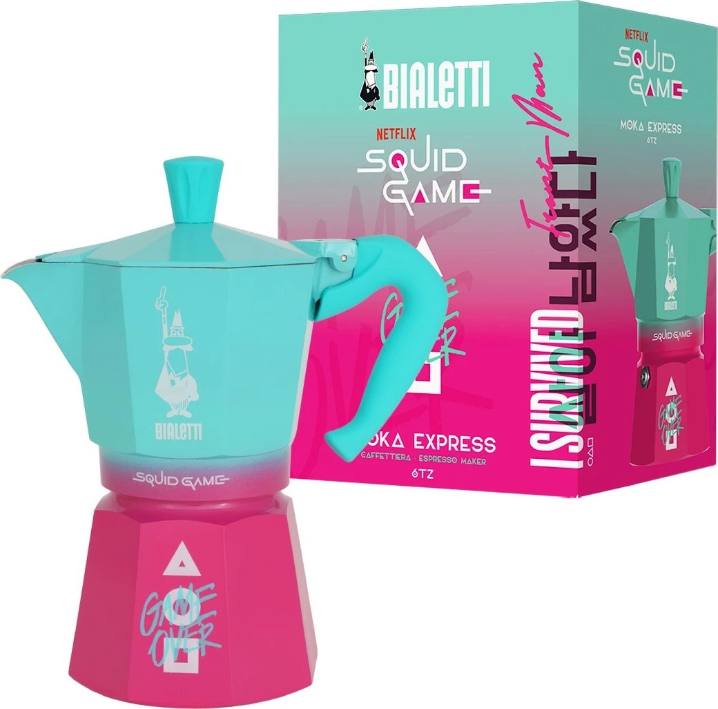 Aparat kafeje Bialetti Moka Express Squid Game 6 filxhana, kaltër/rozë