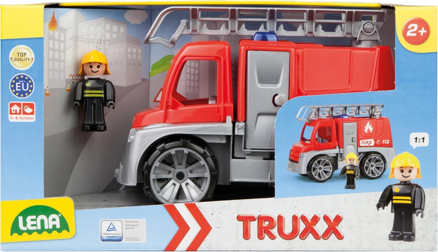 Kamion zjarrfikës lodër Lena Truxx me shkallë dhe figurë zjarrfikësi, i kuq