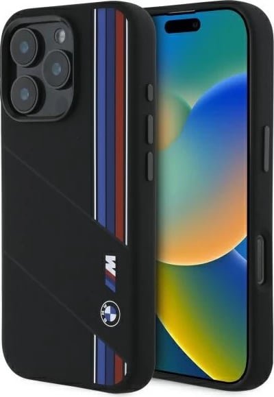 Mbështjellës BMW Silicone Cut Tricolor Lines MagSafe për iPhone 16 Pro Max, Zi
