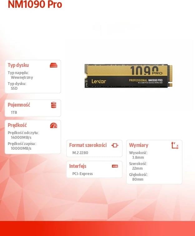 SSD Lexar NM1090 Pro 1TB, M.2 2280, PCIe Gen5x4, i brendshëm