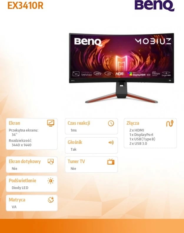 Monitor BenQ EX3410R 34", WQHD, VA, 144Hz, 1ms, Curved, Gri
