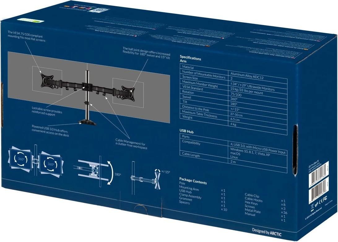 Krah monitori ARCTIC Z2 Pro, Gen 3, USB 3.0 Hub, 15 kg, 34", i zi
