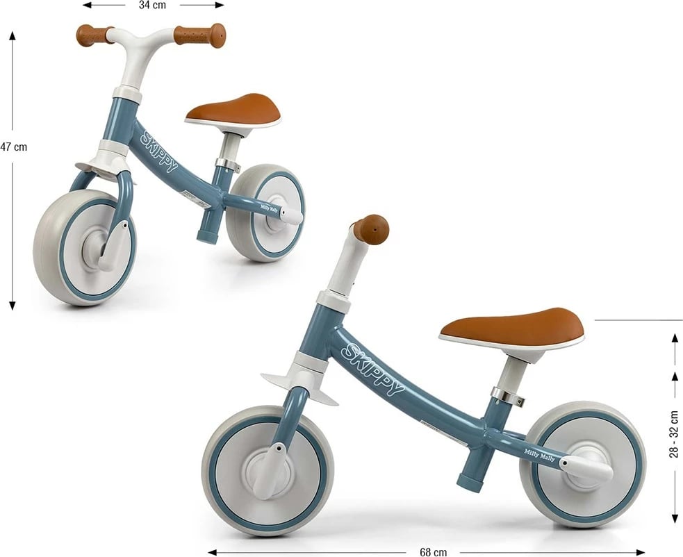 Biçikletë ekuilibri, Milly Mally, Skippy, rrota EVA pa shpime, kornizë çeliku, ulëse e rregullueshme, 18+ muaj, blu